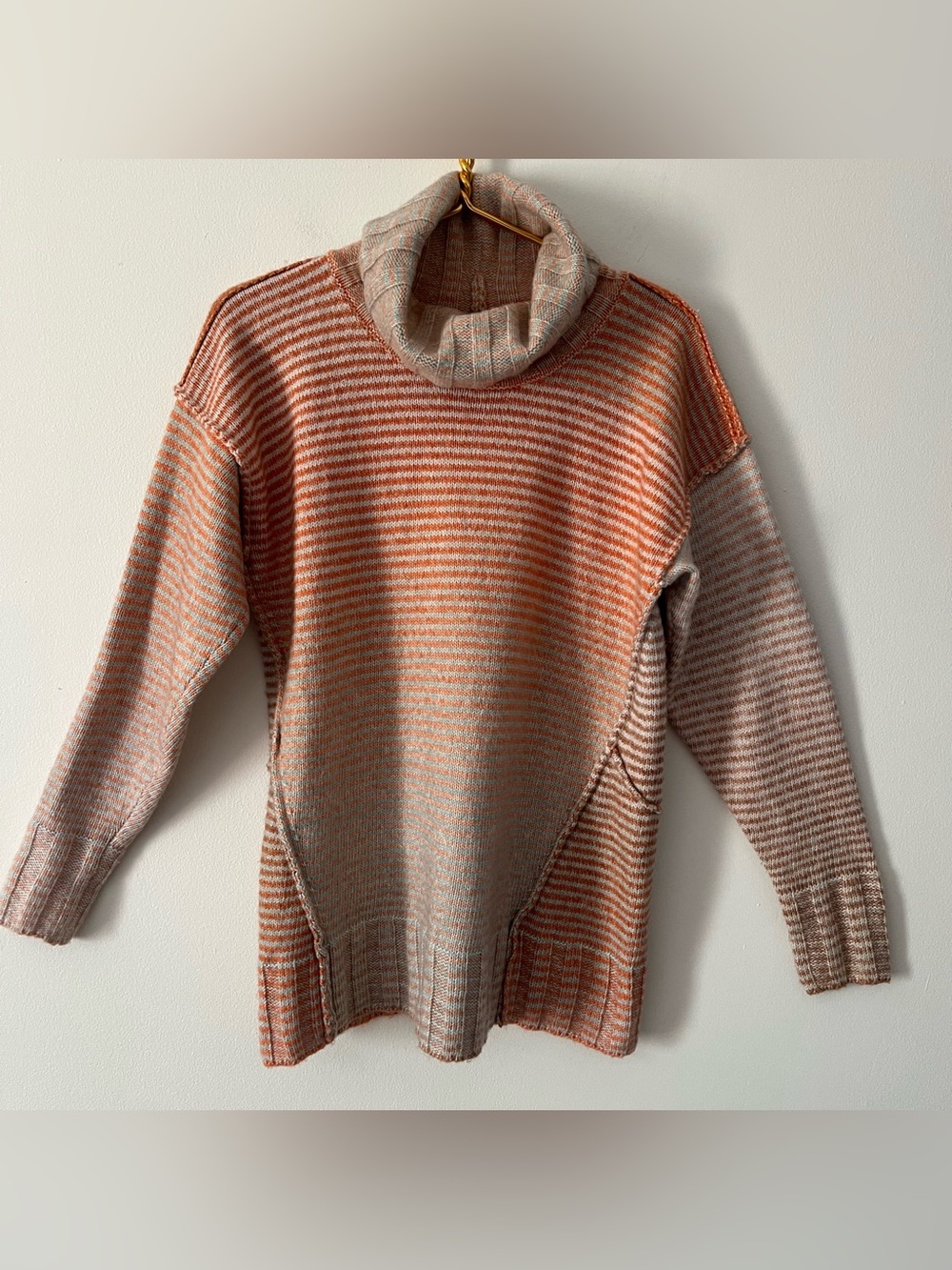 Cabi Ombre Striped Knit Tunic Sweater Cowl Turtleneck Orange Tan Sage Cozy S